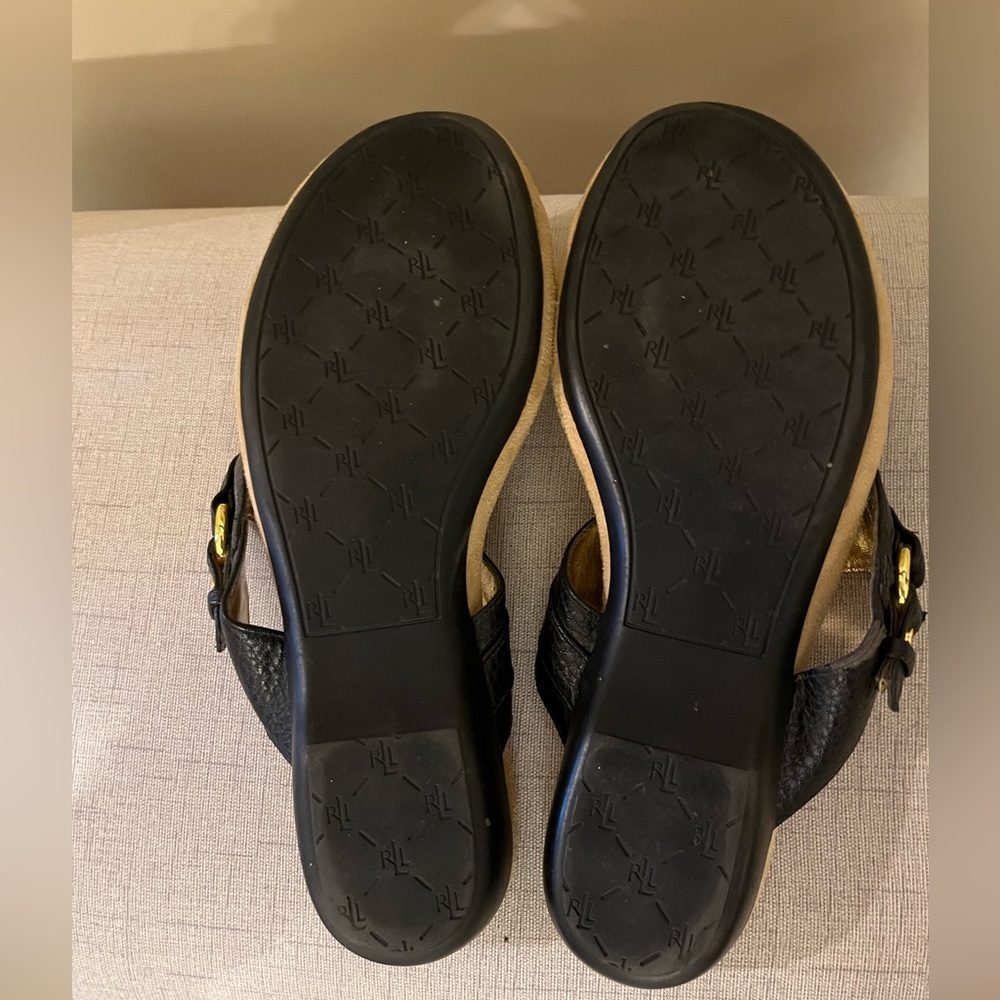 Lauren KENDRA Sandals Genuine Leather, Black with Gold Accents, size 9 - Picture 5 of 5